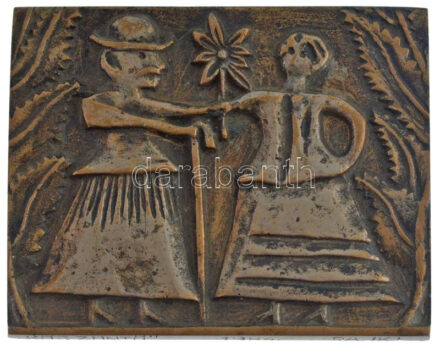 Rajki László (1939-) 1984. 'Köszöntő' egyoldalas bronz plakett (70x88mm) T:1-