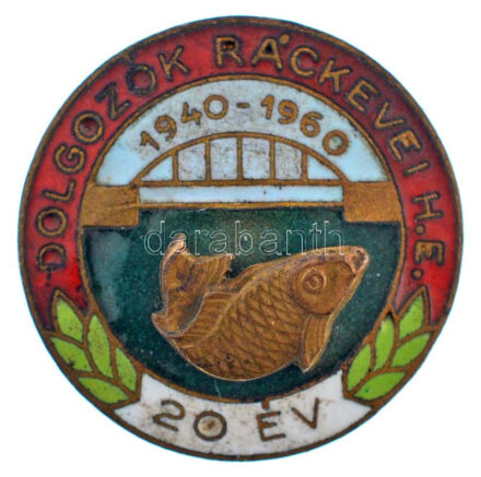 1960. 'Ráckevei Horgász Egyesület - 20 év' aranyozott zománcozott fém jelvény (20,5mm) T:1-,2 görbe tű