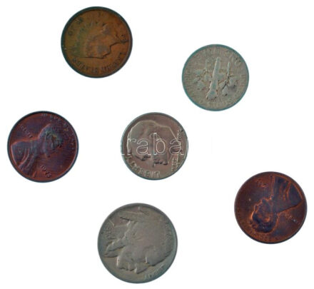 Amerikai Egyesült Államok 1887-1983 1c bronz (3xklf) + 1930. 5c Cu-Ni 'Buffalo' + 1956-1974. 10c Cu-Ni (2xklf) T:2-3 USA 1887-1983. 1 Cent bronze (3xdiff) + 1930. 5 Cents Cu-Ni 'Buffalo' + 1956-1974. 10 Cents Cu-Ni (2xdiff) C:XF-F