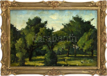 Alberth Ferenc (1883-1959): Zöldellő táj. Olaj, karton, jelezve balra lent, hátoldalán autográf felirattal és régi kiállítási raglappal, dekoratív fakeretben. 33×49,5 cm
