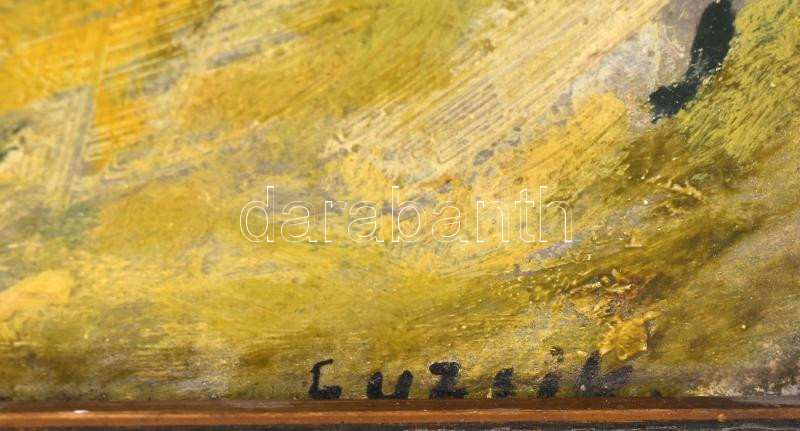 Guzsik Ödön (1902-1954): Festőnő a szabadban. Olaj, karton, jelezve jobbra lent, apró felületi sérülésekkel. Dekoratív, javított fakeretben. 40×50 cm - Image 2