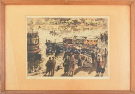 Kórusz József (1927-2010): Dunapart. Színezett rézkarc, papír, jelzett, üvegezett fakeretben. 29×38 cm