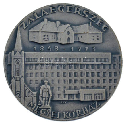 Csucs Viktória (1934-1993) 1973. 'Zalaegerszeg megyei kórház' egyoldalas ezüstözött bronz emlékérem (70mm) T:1-