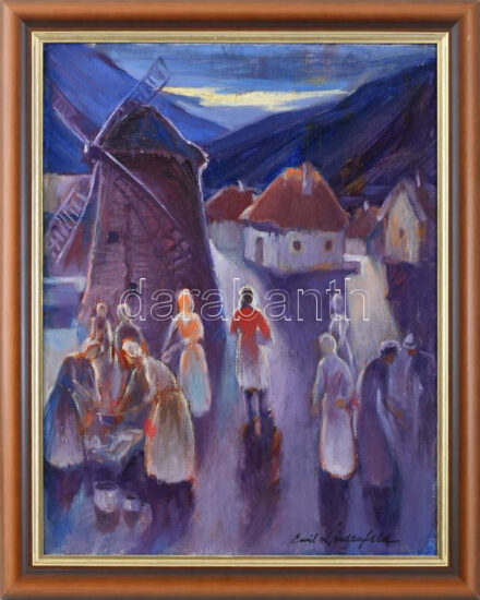 Lindenfeld Emil (1905-1986): 'Contro Luce' (ellenfény). Olaj, vászon. Jelzett. Hátoldalán autográf felirattal. Dekoratív fakeretben. 46x35,5 cm