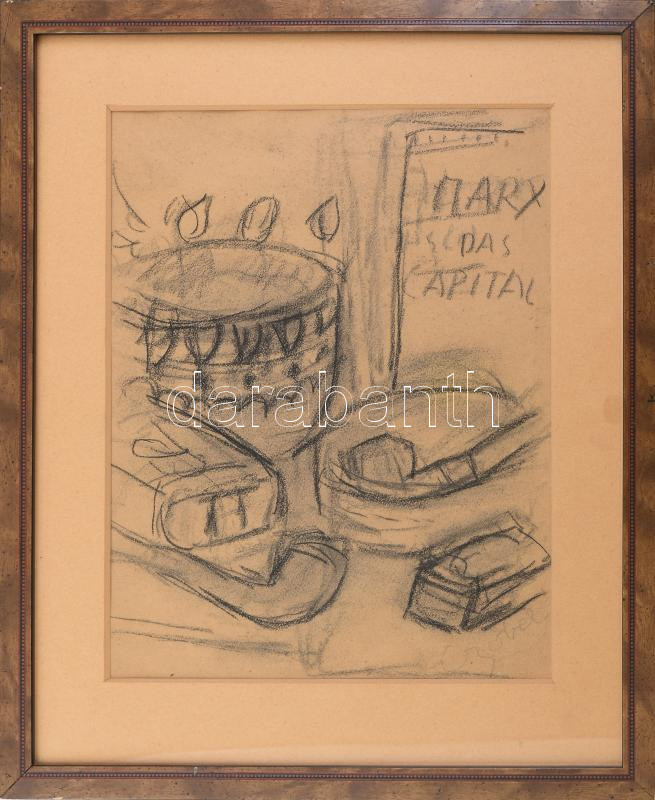 Czóbel Béla (1883-1976): Das Kapital. Kréta, papír. Jelezve jobbra lent. Hátoldalán Képcsarnok Vállalat címkéjével. Üvegezett fakeretben. 38x29 cm / chalk on paper, signed, framed