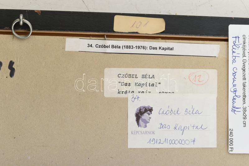 Czóbel Béla (1883-1976): Das Kapital. Kréta, papír. Jelezve jobbra lent. Hátoldalán Képcsarnok Vállalat címkéjével. Üvegezett fakeretben. 38x29 cm / chalk on paper, signed, framed - Image 3