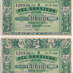 Budapest 1949. 'XIII. Állami Sorsjáték' fél sorsjegy, felülbélyegzéssel, vízjeles papíron (2db: A és B sorozat) T:I-