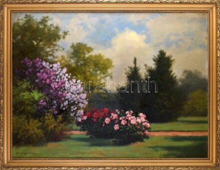 Tordai Székely Mihály (1890-1940): Virágos park. Olaj, vászon, jelzett. Dekoratív fakeretben, 75x100 cm / oil on canvas, signed, framed