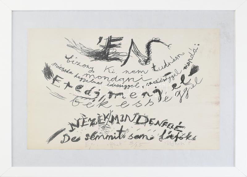 Ujházi Péter (1940-): Én. Ofszet, papír, jelzett, számozott (3/25). Lap széle kissé sérült. Plexiüvegezett keretben. 30x42 cm