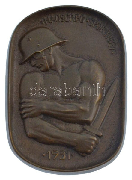 1931. 'Hadsereg sporthét' egyoldalas bronz emlékplakett, hátoldalán 'LUDVIG E BUDAPEST' gyártói jelzéssel. Szign.:Manno Miltiadesz (66x46mm) T:1- patina