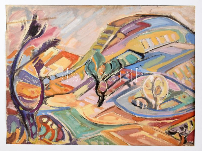 Hetényi Tibor (1891-1977): Dombos táj. Tempera, papír, jelzés nélkül, kissé sérült, paszpartuban, 47,5x63,5 cm