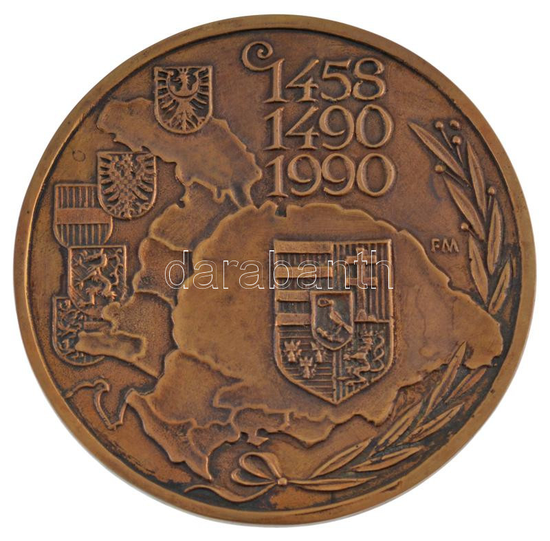 Fritz Mihály (1847-) 1990. 'Mathias Rex' kétoldalas bronz emlékérm sérült tokban (125mm) T:1-