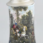 Vadász söröskorsó, matricás porcelán, ón fedéllel, jelzés nélkül, hibátlan, m: 25 cm
