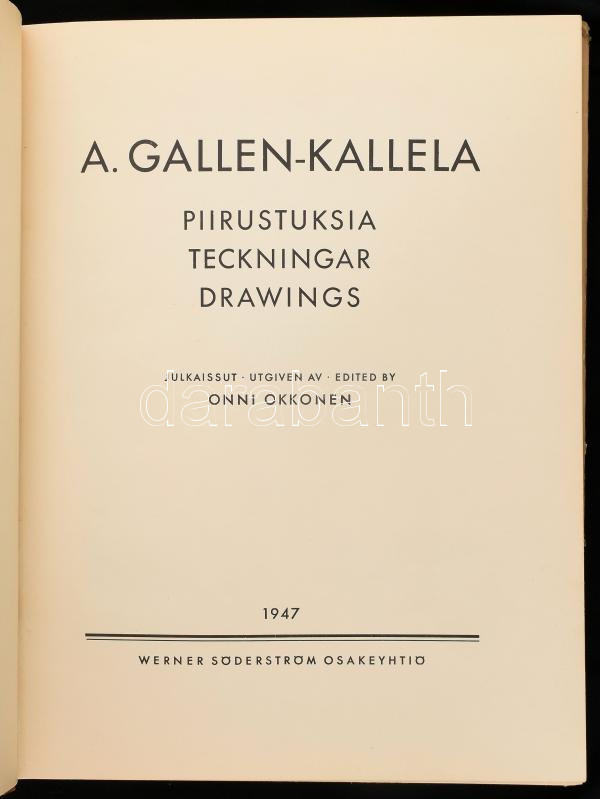 A. Gallen-Kallela: Piirutuksia techningar drawings. 1947, Werner Söderström. Kiadói kartonált kötés, sérült papír védőborítóval. - Image 2