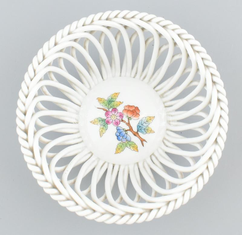 Herendi Viktória mintás, fonott, kézzel festett porcelán tálka, jelzett, hibátlan, d: 12,5 cm