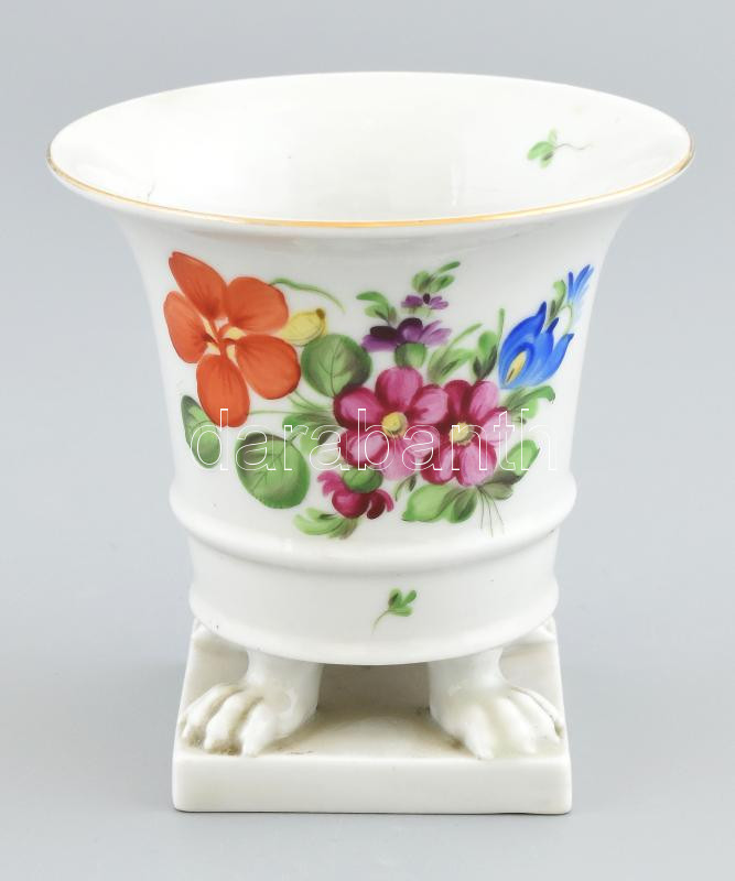 Óherendi virágmintás körmös váza / kaspó, kézzel festett porcelán, jelzett, kopott, m: 10 cm