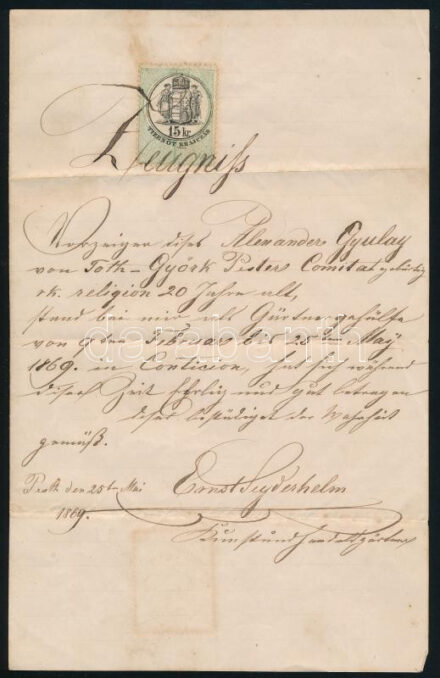 1869 Pest, munkáltatói igazolás kertész/virágkereskedő segéd részére, német nyelven, 15 kr. okmánybélyeggel, Seyderhelm Ernő aláírásával. Seyderhelm Ernő (1829-1908) kertész. A lipcsei növénykertben tanult. 1849-ben került