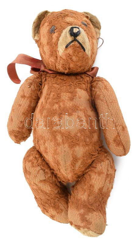 Régi szalma maci, foltos, kopott, 23 cm