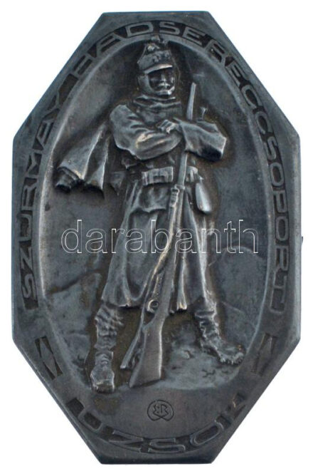 Osztrák-Magyar Monarchia ~1914. 'Szurmay Hadseregcsoport Uzsok' jelzett Ag nyolcszögletes plakett szignóval. 'SZURMAY HADSEREGCSOPORT UZSOK / EGY ISTENEM EGY KIRÁLYOM EZÉRT HALOK, AZT IMÁDOM' (98.29g/0.990/83x53mm) T:2 kis ph.,