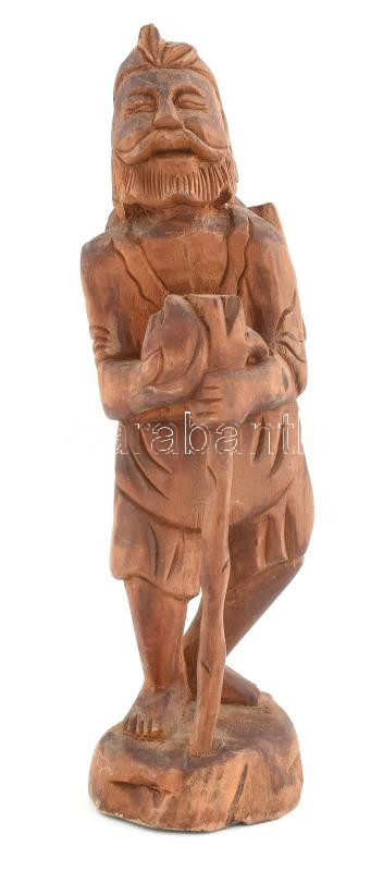 Vidám vándor. Kínai faragott fa szobor. 18 cm