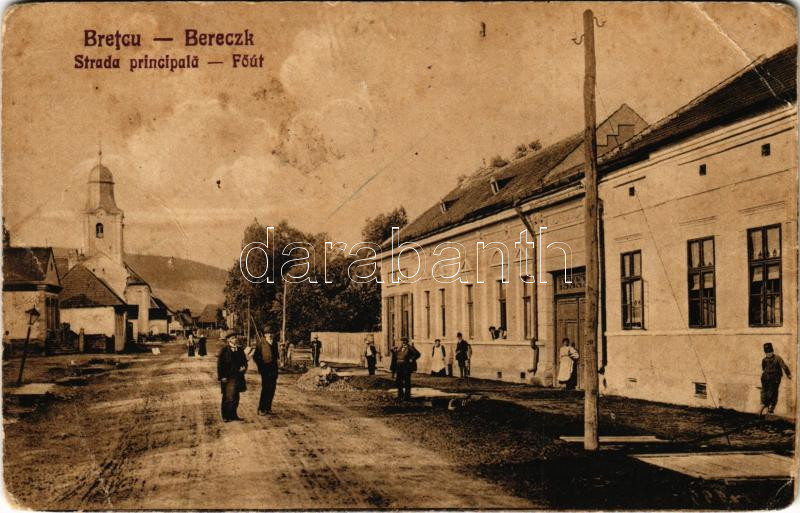 1940 Bereck, Bereczk, Bretcu; Fő út, templom. Khell Bogdán utóda fia László kiadása / Strada principala / main street, church (fa)