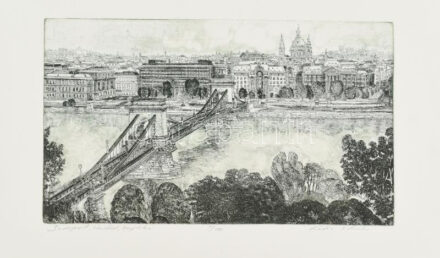 Kádas István (1941-): Budapest, Lánchíd, bazilika. Rézkarc, papír, jelzett, számozott (5/100). 21×35,5 cm