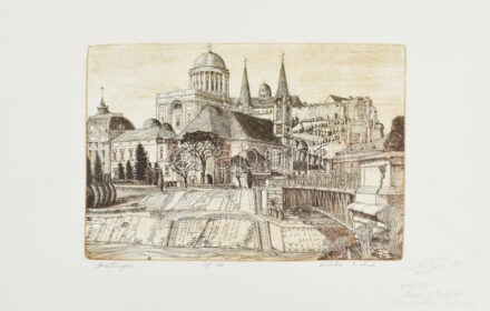 Kádas István (1941-): Esztergom. Rézkarc, papír, jelzett, számozott (31/100). 26×38 cm
