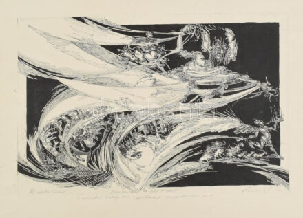 Kádas István (1941-): Ady. Litográfia, papír, jelzett, számozott (X/XV), művészpéldány AP jelzéssel. Kádas István autográf ajándékozási soraival. 30×46 cm