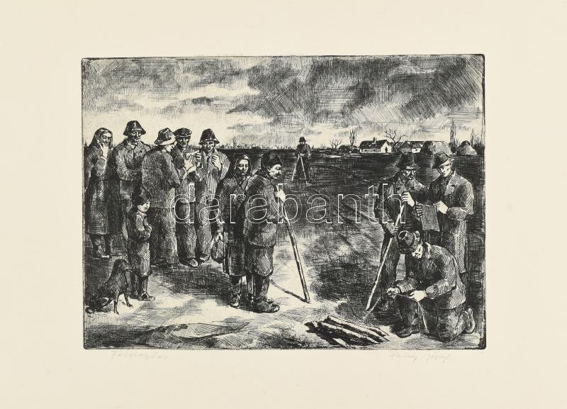 Palicz József (1931-): Földosztás. Rézkarc, papír, jelzett, 20,5×28 cm
