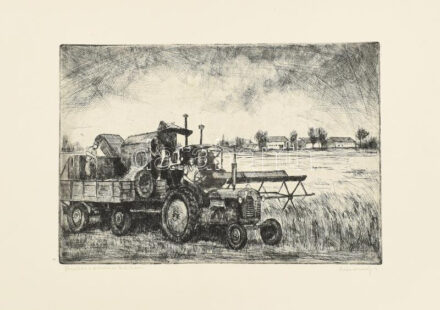 Mészáros Lajos (1925-1971): Aratás a Palotási Állami Gazdaságban. Rézkarc, papír, jelzett, papírra kasírozva, 20×29 cm