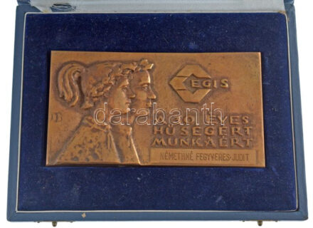 Búza Barna (1920-2010) 1990. 'EGIS - A 30 éves hűségért, munkáért' bronz plakett 'Némethné Fegyveres Judit' gravírozással, eredeti tokban (132x74mm) T:1