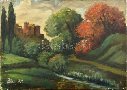 Piri jelzéssel: Romantikus táj. Olaj, vászon. Kissé sérült. 25×35 cm