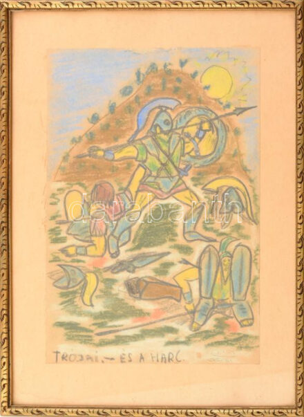 Olvashatatlan jelzéssel: Trójai - és a harc. Kréta, papír. Kissé sérült. Üvegezett fakeretben. 30×21 cm