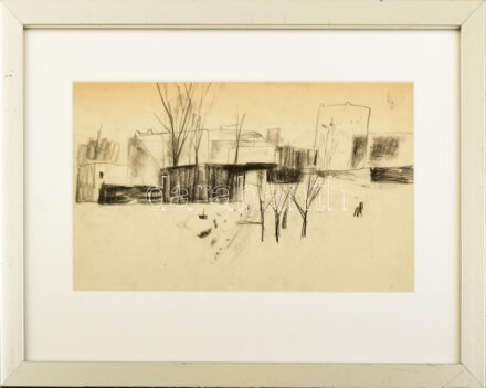 Jelzés nélkül: Kertek alján. Szén, papír. Üvegezett fakeretben. 15,5×28 cm