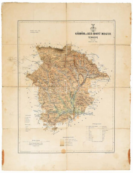 1889 Gömör és Kis-Hont megye térképe. Tervezte: Gönczy Pál, rajzolta: Kogutowicz Manó. 1 : 300.000. Bp., Posner Károly Lajos és fia, vászonra kasírozva, kissé sérült szélekkel, foltokkal, 58x45 cm