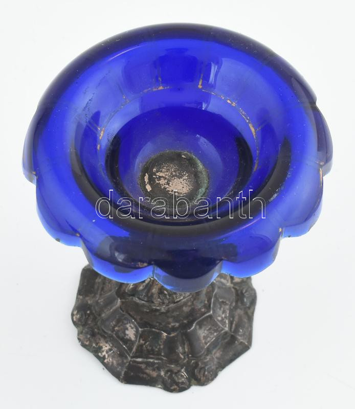 Biedermeier kínáló, üveg, fém talppal, törött, kopott, sérült, üvegen csorbák, m: 10 cm - Image 2