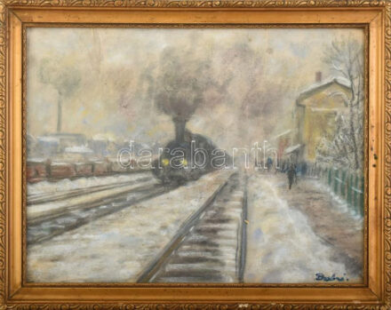Olvashatatlan jelzéssel: Gőzmozdony. Pasztell, papír. Üvegezett, dekoratív, kissé sérült fakeretben. 30×40 cm