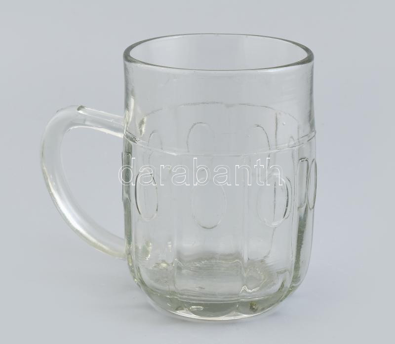 Régi üveg söröskorsó, Kossuth-címeres és bányász jelzéssel, 1940-1950 körül, némi feszültséggel, 0,5 l, m: 13 cm