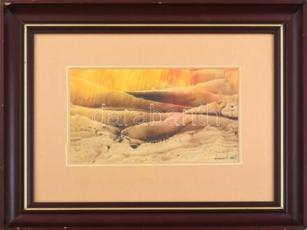 Kelemen Pál (1942-1999): Fantasztikus táj. Vegyes technika, papír, jelzett. Üvegezett, kissé sérült fakeretben, 16,5×28,5 cm