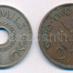 Palesztina 1934. 10M Cu-Ni + 1941. 2m Cu-Sn T:2,2- patina, hajlott Palestine 1934. 10 Mils Cu-Ni + 1941. 2 Cu-Sn C:XF,VF patina, curved Krause KM#2, KM#4