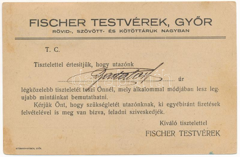 1925 Győr, Fischer Testvérek üzletének reklámja (EK)