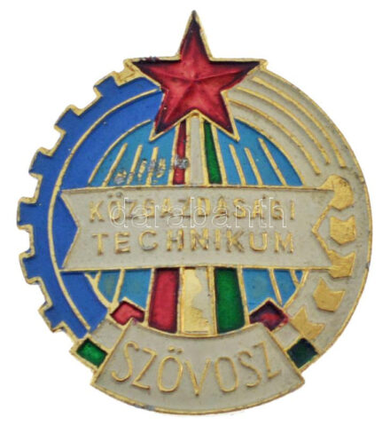 DN 'SZÖVOSZ Közgazdasági Technikum' festett fém iskolajelvény (37x32mm) T:2 több helyen kopott festés