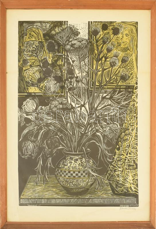 Bordás Ferenc (1911-1982): Csendélet. Fametszet, papír, jelzett. Üvegezett fakeretben, 60×40 cm