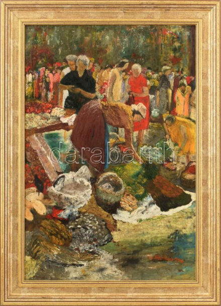 Őri Rózsa Gyula (?- ): Piac. Olaj, farost jelzett. Dekoratív fakeretben, 64×43 cm