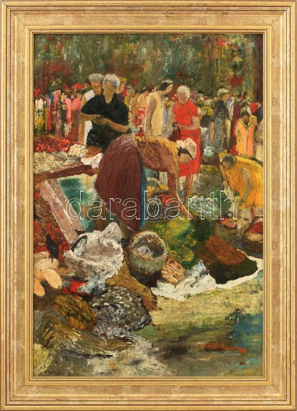 Őri Rózsa Gyula (?- ): Piac. Olaj, farost jelzett. Dekoratív fakeretben, 64×43 cm