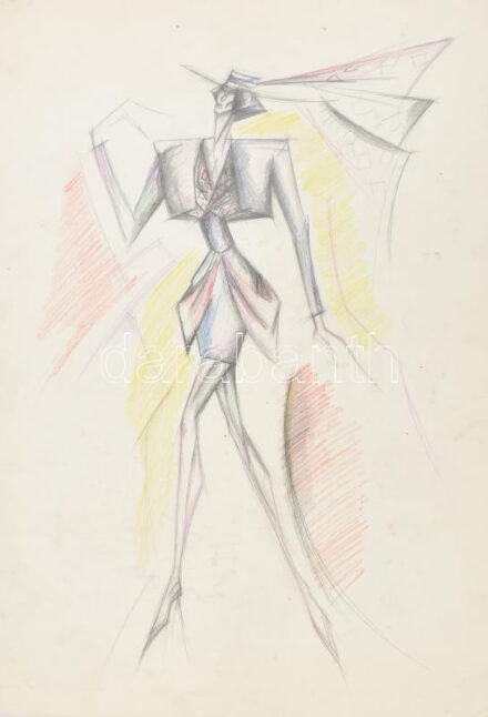 Jelzés nélkül: Jelmezterv, ceruza, papír, gyűrődésekkel, 61×43 cm