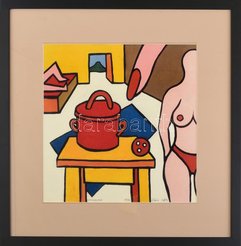 ef.Zámbó (efZámbó) István (1950-): Konyhajelenet. Computer print, papír, jelzett, számozott: 11/19. Ef.Zámbó István szárazbélyegzőjével. 30x30 cm. Üvegezett fakeretben / computer print on paper, signed, numbered: 11/19, framed