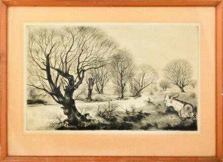 Szennik György (1923-2007): Sorokparti fák. Rézkarc, papír, jelzett. Üvegezett fa keretben, 29×49 cm