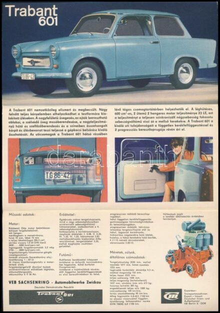 1964 Trabant 601, kihajtható, képekkel illusztrált, magyar nyelvű ismertető prospektus. VEB Sachsenring - Automobilwerke Zwickau, DDR. Jó állapotban, 28,5x20 cm