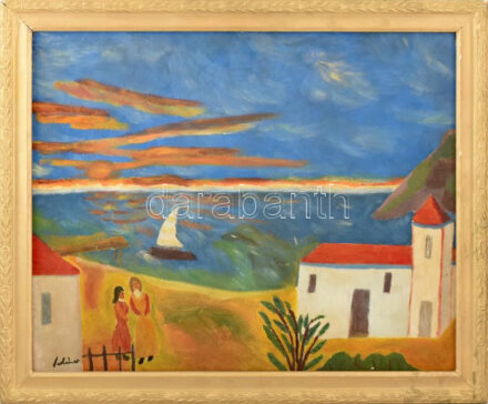 Schéner jelzéssel: Vízparton. Olaj, farost. Dekoratív, kissé sérült fakeretben. 50x60 cm